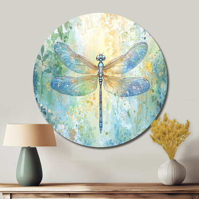 Summer Dragonfly Iridescent Wings - Nature Round Wall Art, Blue Round Metal Wall Art