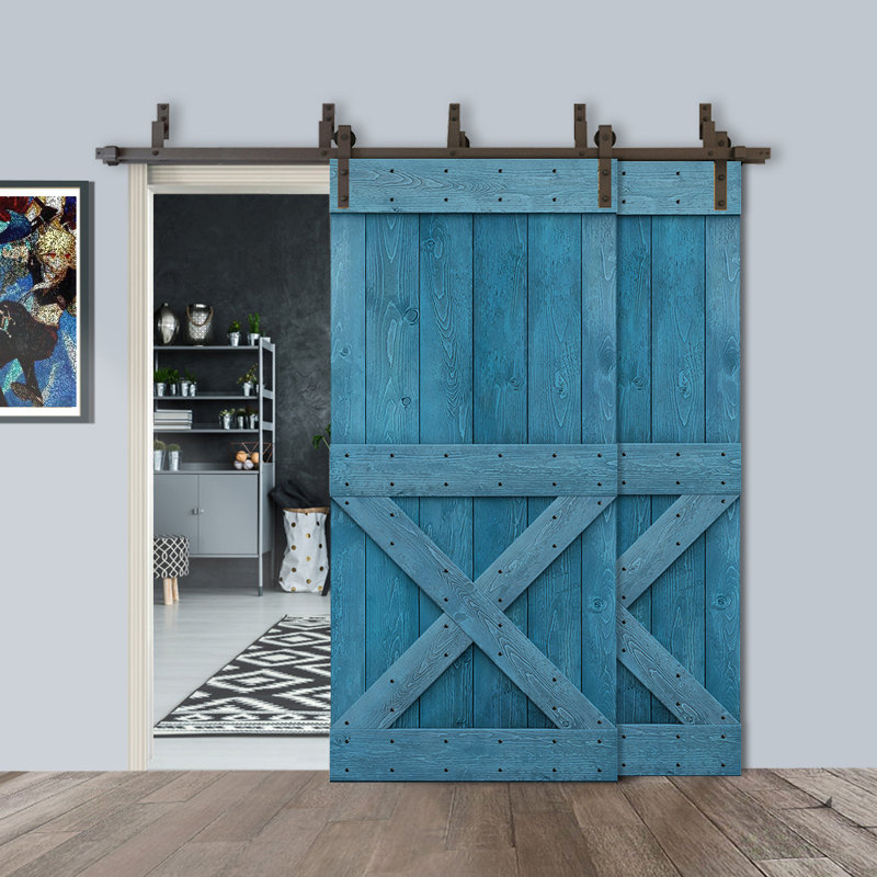 Porte de grange en bois peint, Bleu marine, 38 po x 84 po, Bronze