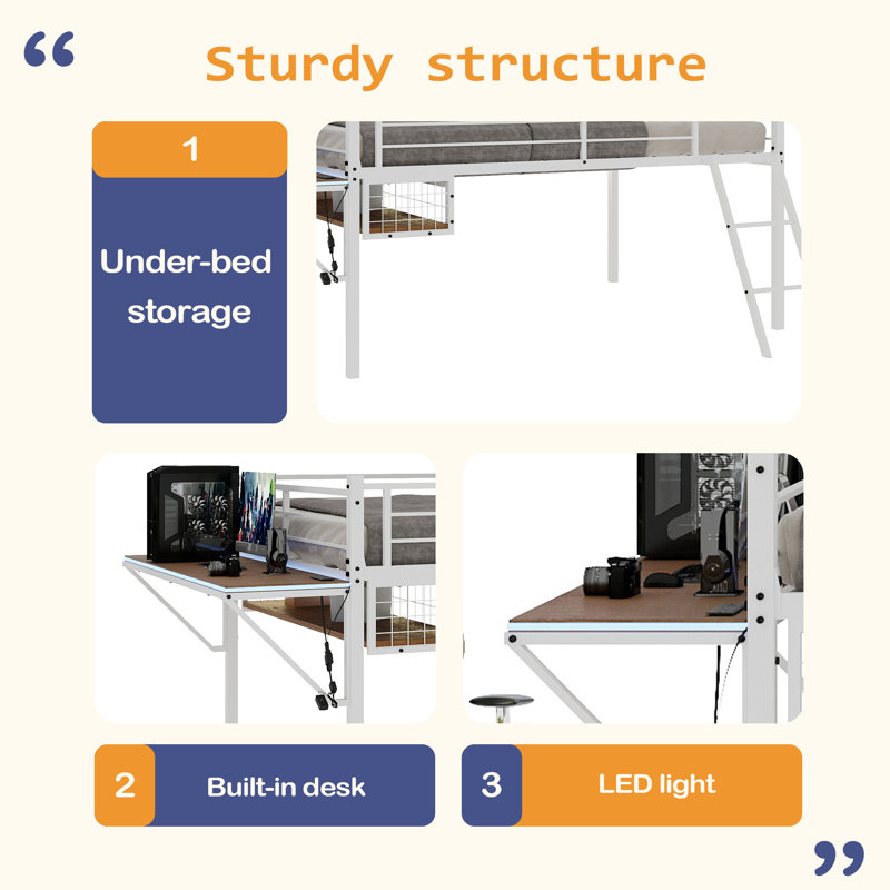Lit mezzanine double en métal avec bureau intégré et bande lumineuse à DEL, cadre de lit mezzanine avec garde-corps de sécurité, échelle inclinée et espace de rangement sous le lit