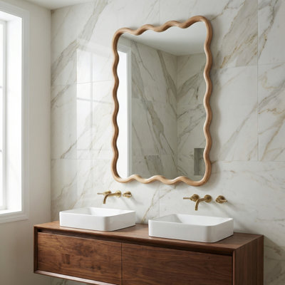 20''x30'' Wavy Mirror with Natural Wood Frame & Tempered Glass,  Boho Wall Mirror for Bathroom Bedroom Living Room Entryway