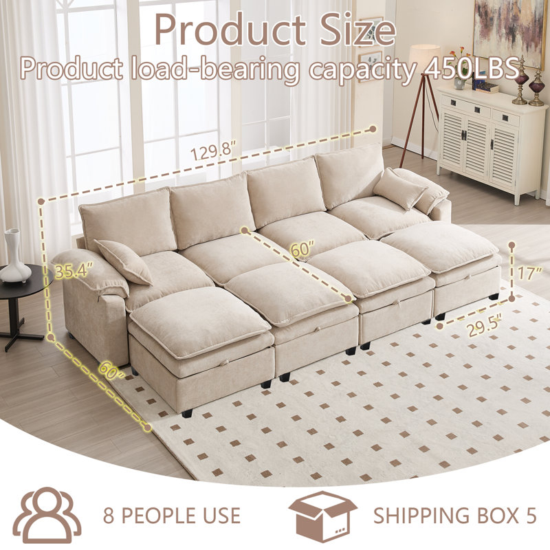 130'' 4-Seat Chenille Sectional With Four Ottomans, Beige Chenille