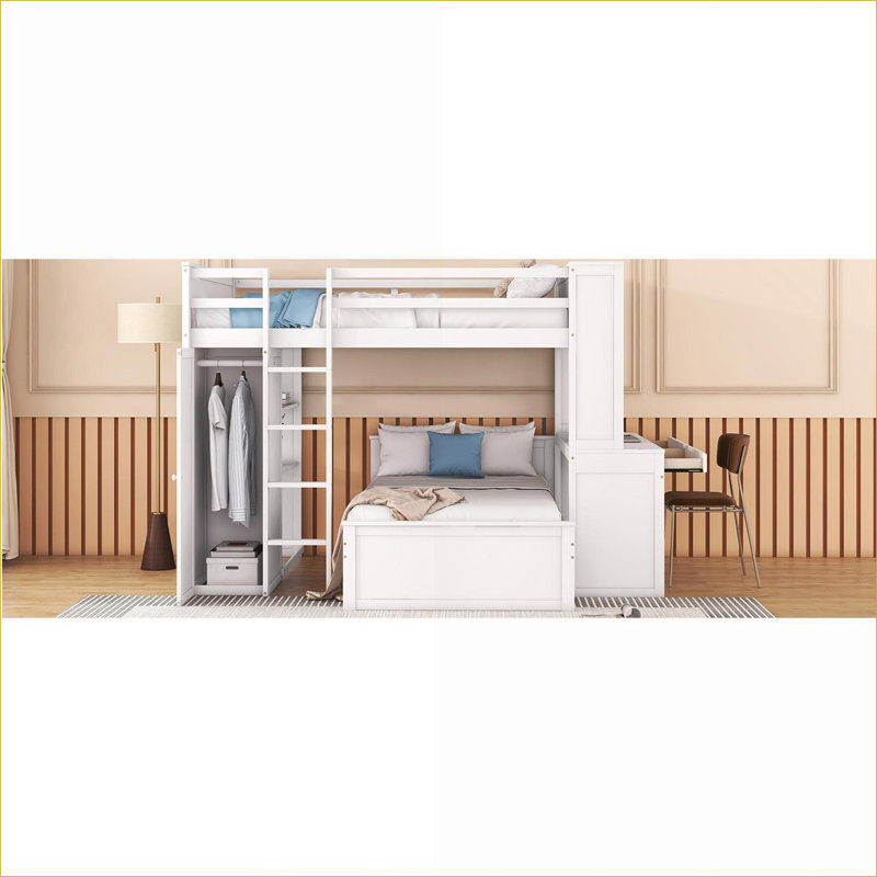 Lit mezzanine en bois mélangé double au-dessus de simple avec garde-robe de bureau, sans sommier blanc nécessaire pour la petite chambre