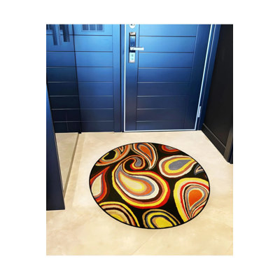 Izmir Round Dark Tone Multicolored Shapes Woven Base Modern Decorative Rug