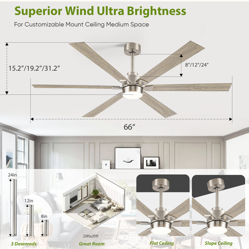 66'' Modern Wood Ceiling Fan With Led Light And Remote, Oak Wood