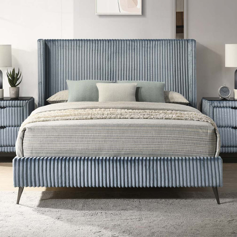 Wide Wale Corduroy Upholstery Panel Bed, Blue, Queen