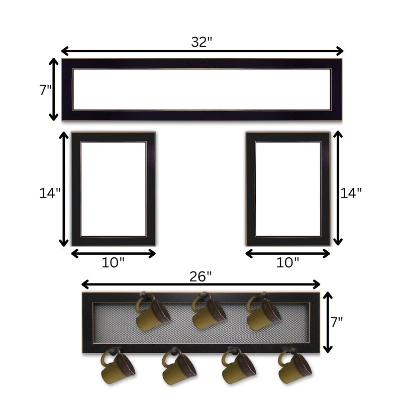 "Kitchen Collection VI" 4-Piece Vignette With 7-Peg Mug Rack By Millwork Engineering, Black Frame