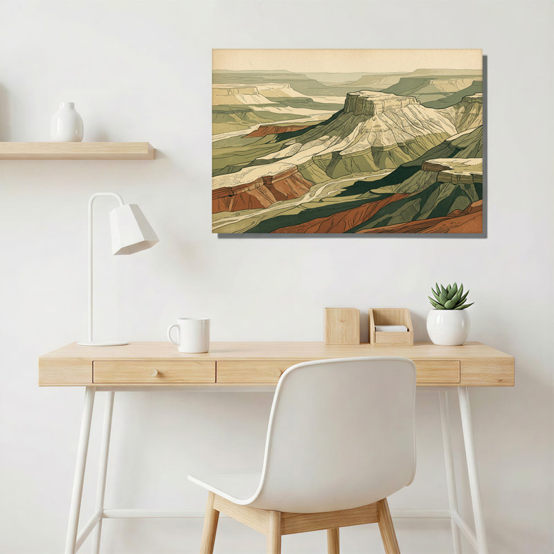 Art mural sur toile stylisé «Mesa Canyon» en vert terreux et rouille, H 36 po x l 48 po