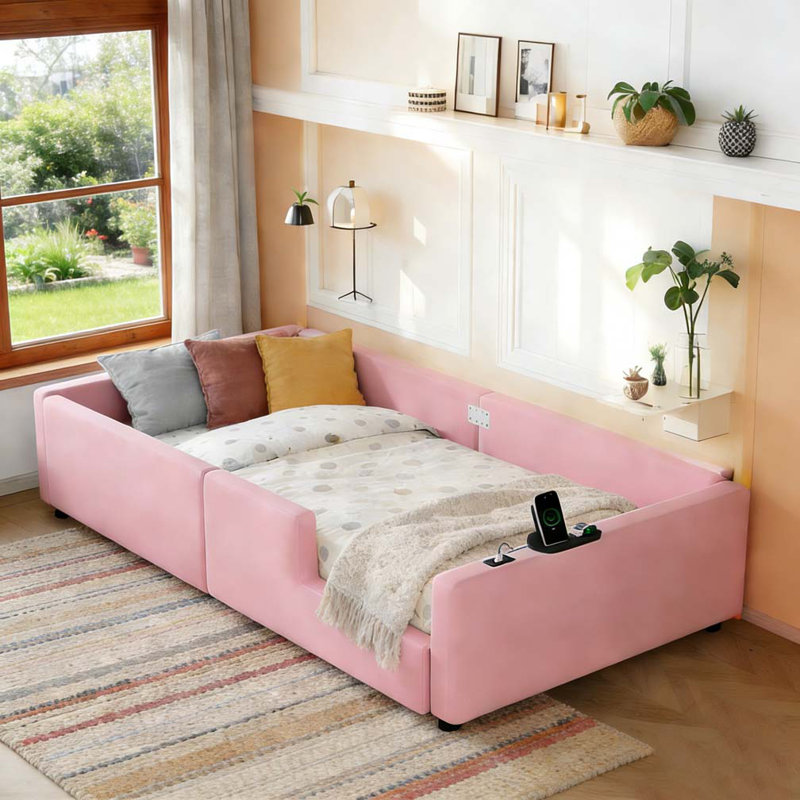 Lit plateforme simple tapissier, Rose