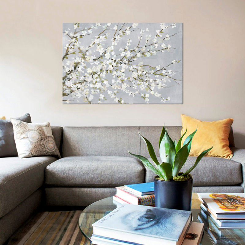 «White Blossoms», reproduction sur toile, H 18 po x l 26 po x P 1,5 po, Toile avec cadre noir, Pas de tapis