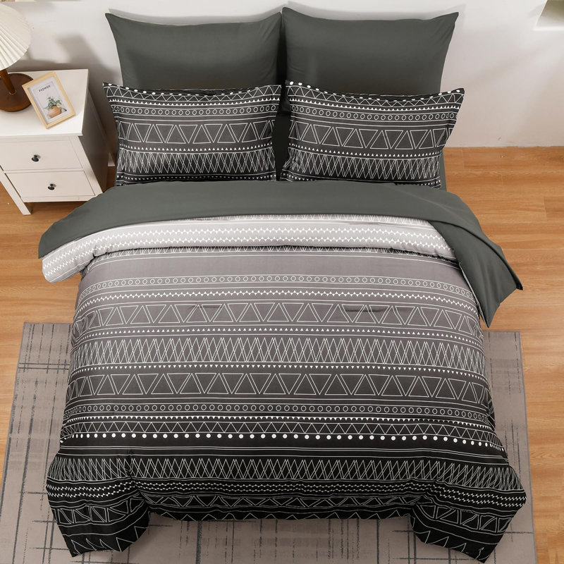7 Pieces Boho Geometric Striped Comforter Set Soft Microfiber with Pillowcases, Flat Sheet, Fitted Sheet & Pillow Shams