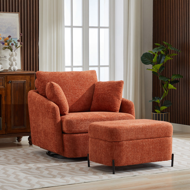 Chaise pivotante rembourrée avec repose-pieds avec rangement, Chenille orange