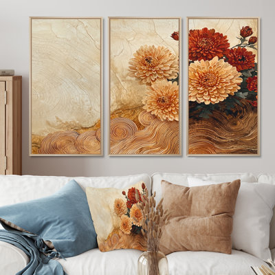 Autumn Chrysanthemums Flowers On A Top Of Wooden Slide IV - Chrysanthemums Wall Art - 3 Pieces