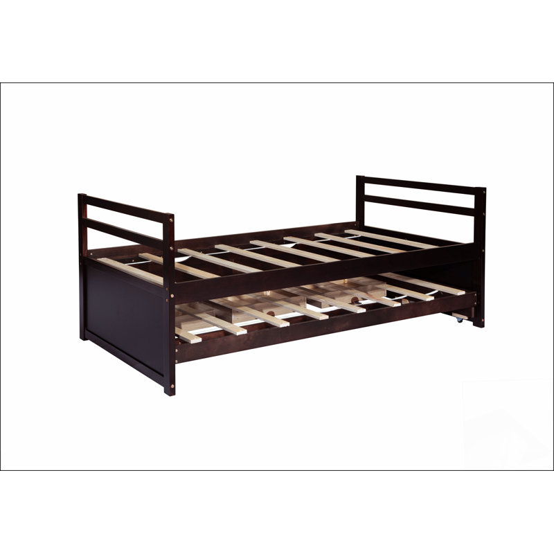 Lit simple en bois de pin avec tête de lit, pied de lit, lit gigogne et trois tiroirs de rangement, finition espresso pour plus de durabilité et de style