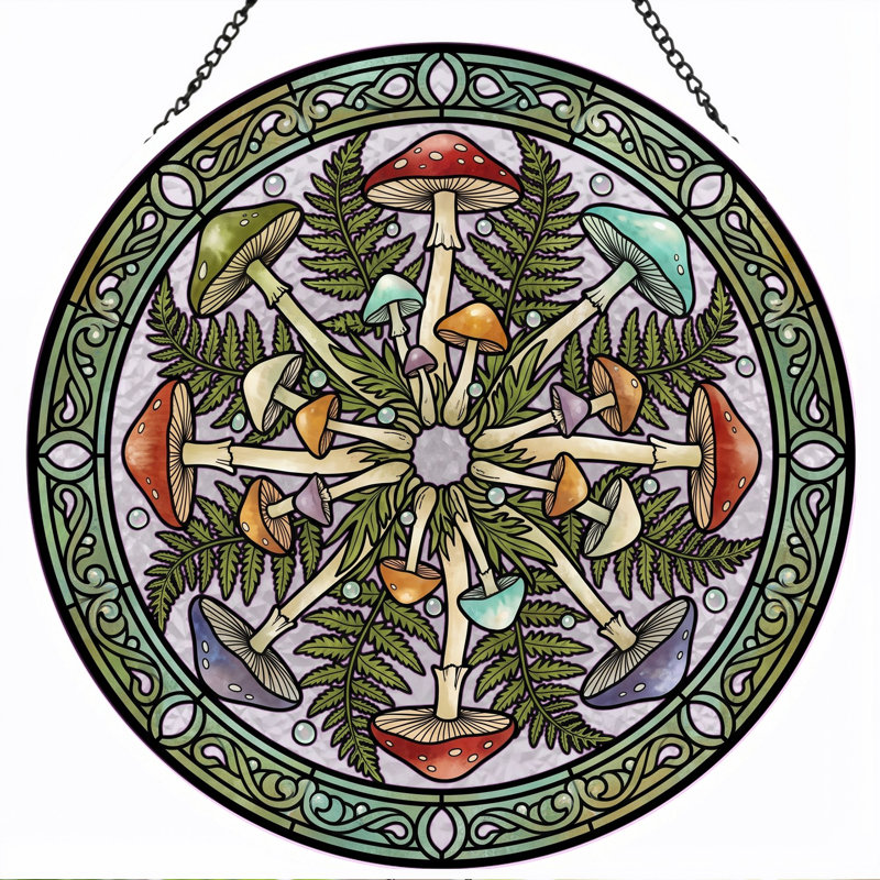 Panneau de vitrail Mushroom Mandala, 7,8 heures, H 7,8 po