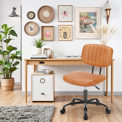 Small Office Computer Desk Chair With Wheels And Lumbar Support, Comfy Cute Armlees PU Leather Vanity Rolling Swuvel Task Chair No Arm For Adult, Student