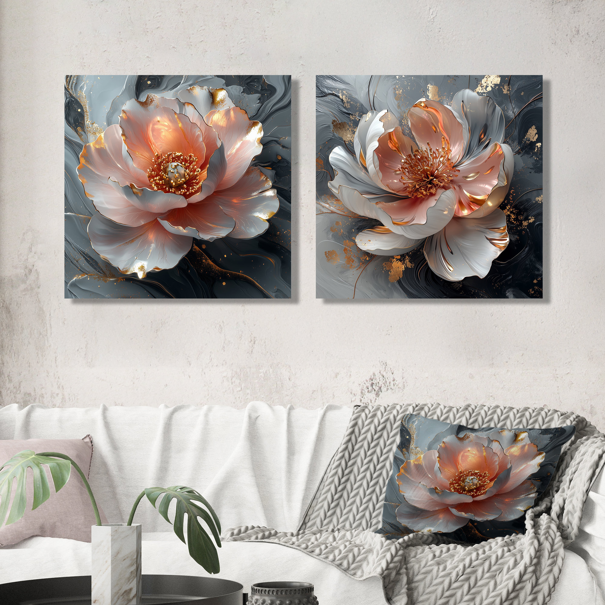 Latitude Run® Golden Pink and Grey Marble Peony Flower I - Peony Wall ...