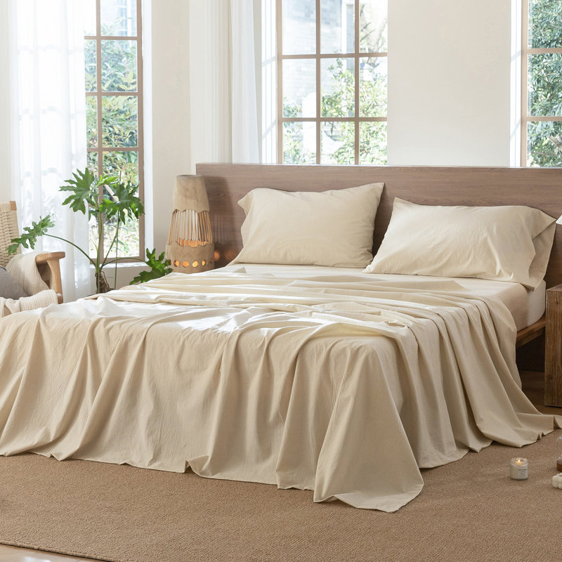 Drap plat 100% coton lavé MooMee, Lait d'amande, gris, Drap plat grand