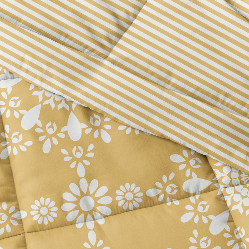 Yellow and White Floral Reversible King Down Alternative Comforter Set