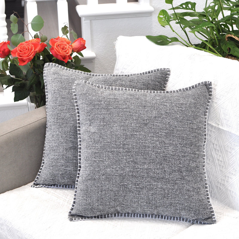 Heather Gray Chenille 16" x 16" Throw Pillow Covers with Stitched Edge (Set of 2)