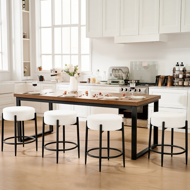 Modern Dining Chair Set, 23.6" Counter Height Stools with Round Soft Padded Boucle Backless Seat, White