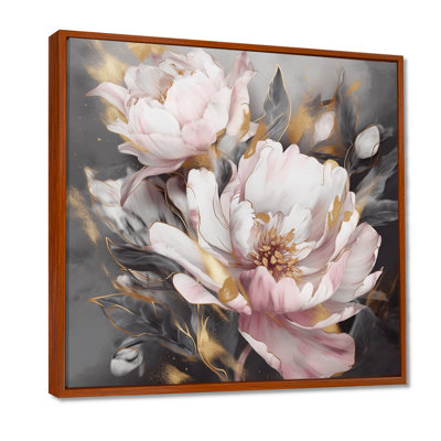 Rose, gris, pivoines, élégance II - pivoines, reproductions encadrées