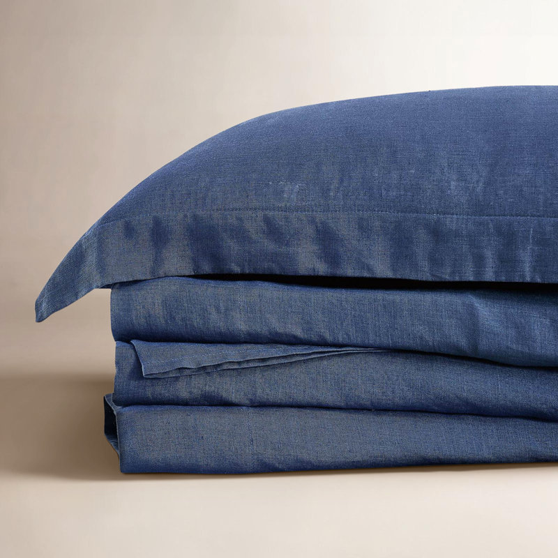 Ensemble de draps en lin Nena Aybar, Ensemble de draps pour grand lit avec 2 taies d'or, Bleu marine