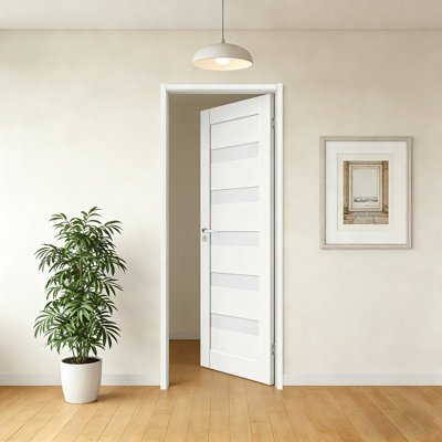 Porte intérieure en bois massif pré-finie blanche avec panneau de verre, modèle exclusif 30'' x 80'', pouvant servir de porte battante, porte de grange, porte pliante, porte coulissante ou porte escamotable.