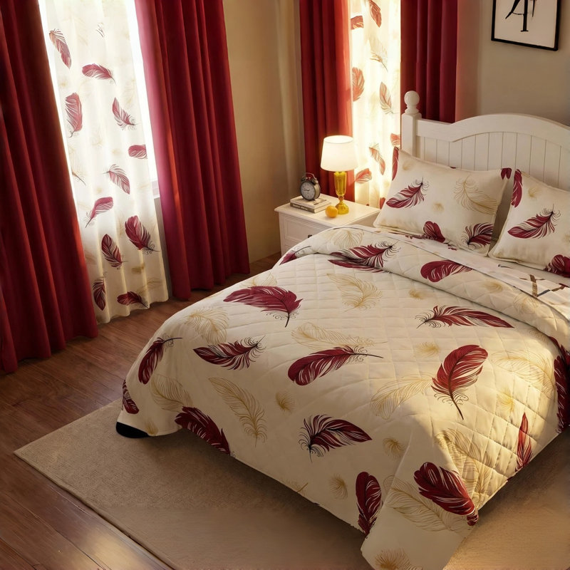 Ensemble de literie et de rideaux matelassés 9 pièces bourgogne et doré, couvre-lit élégant Boho avec 6 panneaux de fenêtre filtrant la lumière et 2 taies décoratives, couvre-lit en microfibre facile d'entretien, animaux de compagnie