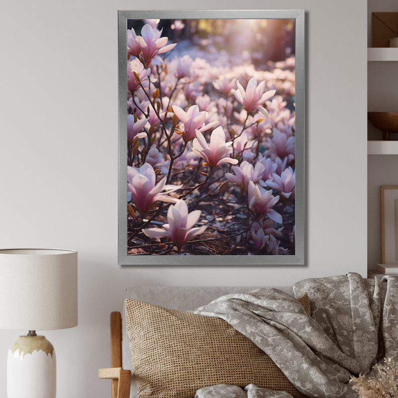 Rose, brun, magnolia, nature, sérénité II, Cadre simple argenté, H 40 po x l 30 po x P 1,5 po