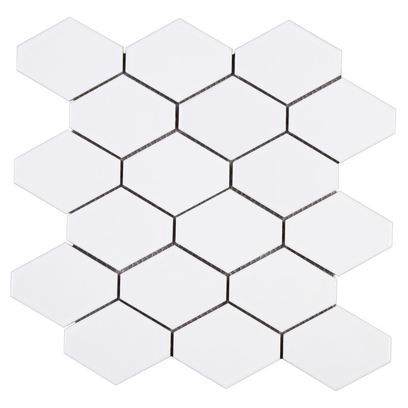Carreau de mosaïque en porcelaine brillante noué à la main 11,23 po x 10,75 po, Blanc