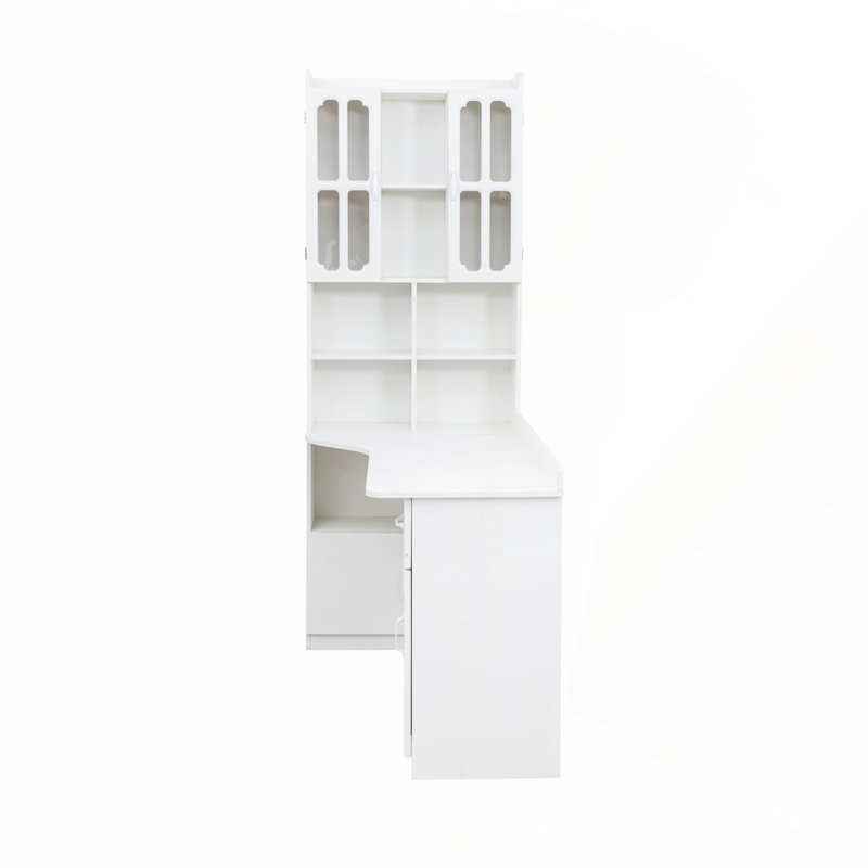 L-Shaped Corner Computer Desk with Drawers, Bookshelf and Hutch, White, 76.77" H x 42.71" W x 28.26" D