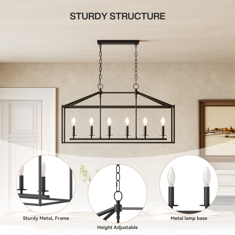 6-Light Kitchen Island Linear Chandelier, Farmhouse Pendant Light with Adjustable Chain, Black Iron Finish, Black