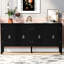 Buffet à quatre portes avec motifs géométriques complexes et poignées en métal rétro, noir, l 62,4 po x l 15,31 po H 32,1 po pour salle d'étude dans la porte ornements salon, bureau d'entrée, stable-910769733