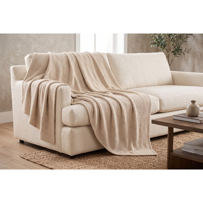 Plaid en maille jacquard douce, 122 x 152 cm - Plaid texturé contemporain en polyester pour canapé, lit ou sofa - Confortable et léger, lavable à la machine - Sable