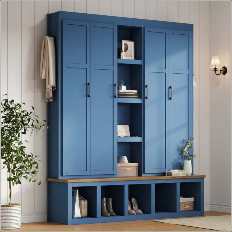 Farmhouse 4-In-1 Hall Tree With 6 Hanging Hooks, Mudroom Wood Grain Bench With Open Compartments, Entryway Shoe Cabinet With Seating Bench For Living Room, Hallway