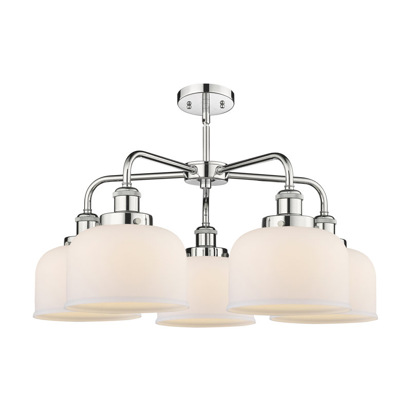 Lustre en verre à 5 lumières Bell, Blanc mat, Chrome poli