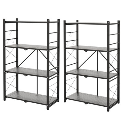 Foldable Storage Shelf with 5 Hooks, 4-tier Collapsible Organization Storage Rack Bookshelf Folding Pantry Shelves Cube Shelf Wire Shelving