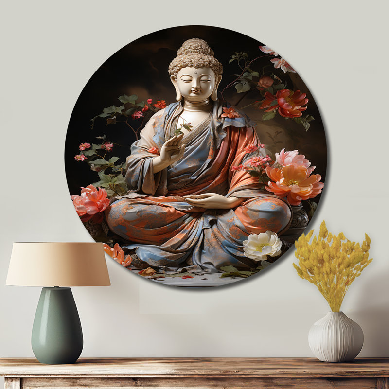 Coral Grey Buddhist Art Buddhas Gesture - Spiritual Round Metal Art, 16" H x 16" W
