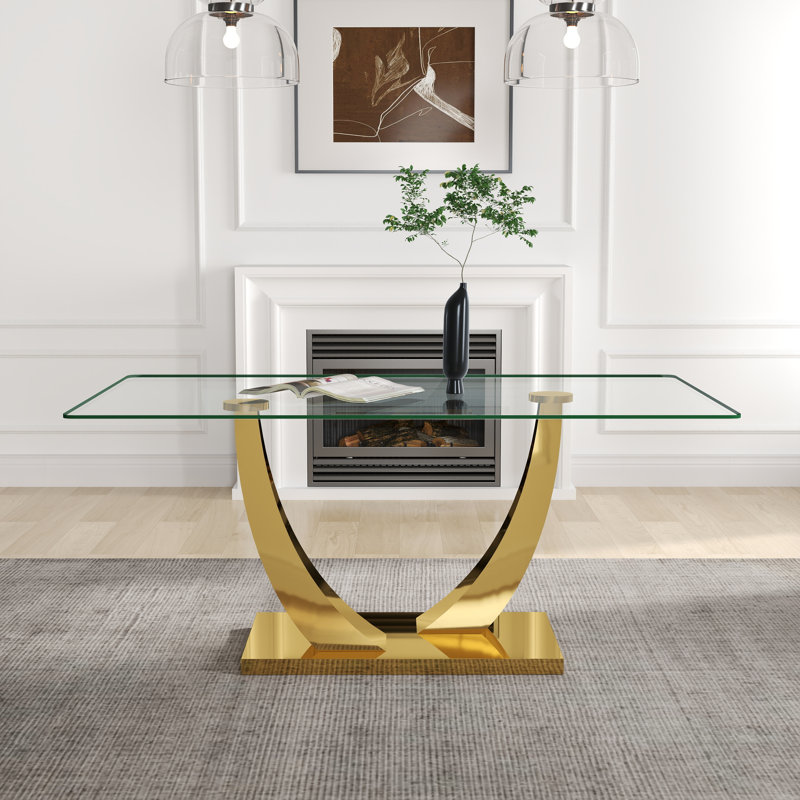Modern Rectangle Tempered Glass Dining Table with Stainless Steel Pedestal, Gold