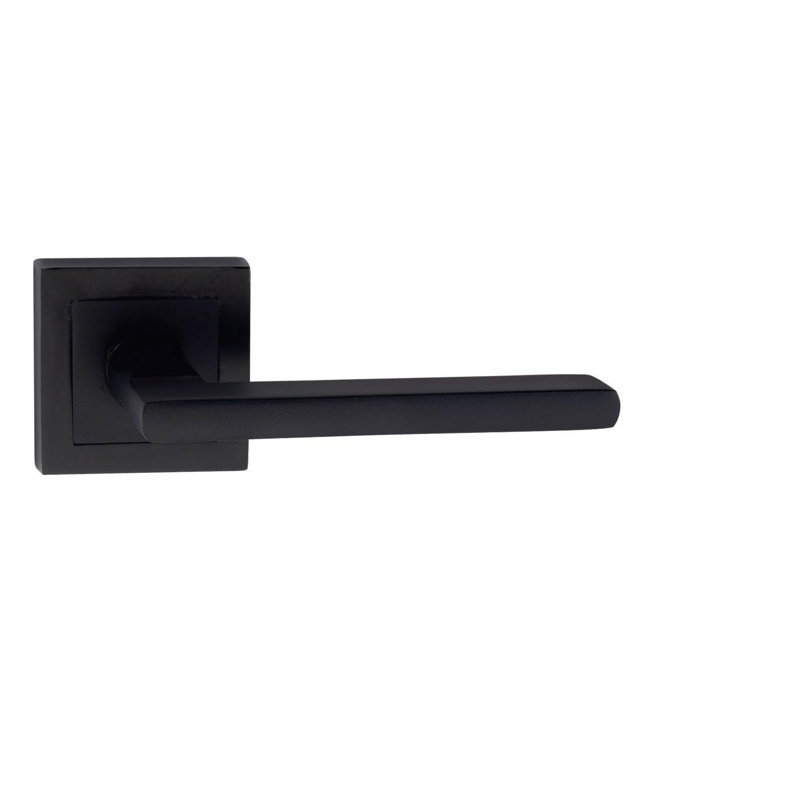  Leon Design Straight Door Handles on Square Rose in Matt Black Finish with 64mm 3 Lever Mortise Lock and Key Hole