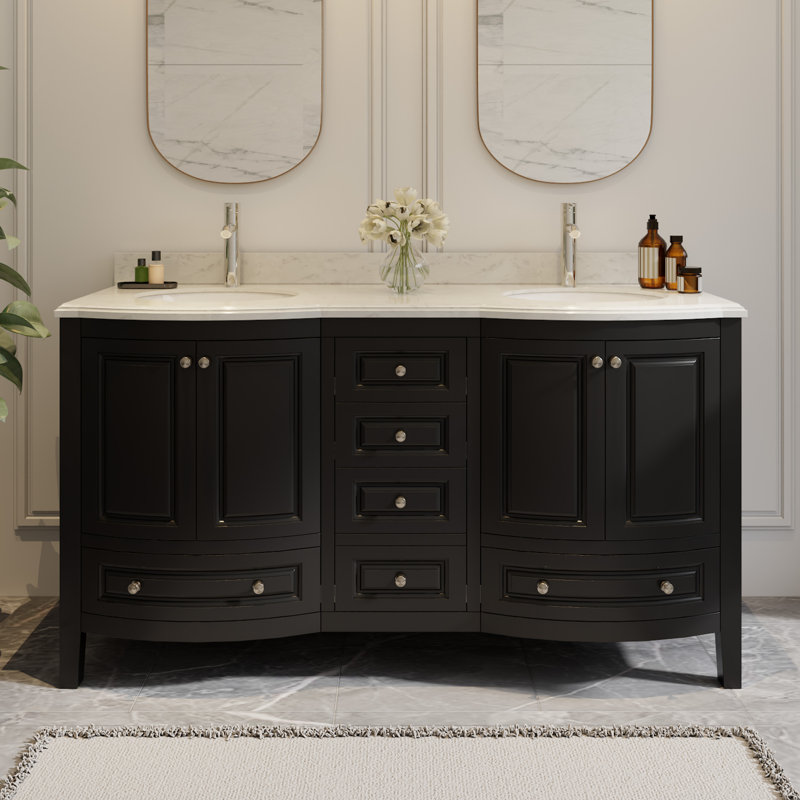 Mandilyn 60" Fully Assembled Double Sink Bathroom Vanity with Engineered Stone Top, Ceramic Sink, Hand Paint, Black