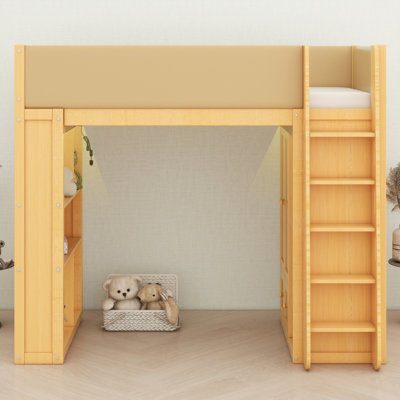 Loft bed with wardrobe, drawers, shelves and ambient LED lights for versatile bedroom storage