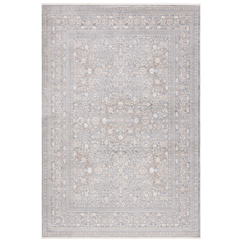 Tapis oriental en polyester tissé à la machine en ivoire / gris, Rectangle 9 pi x 12 pi