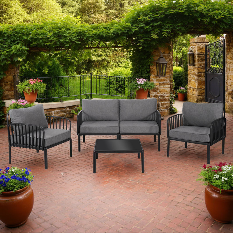 Ensemble de canapé d'extérieur 4 pièces avec table basse en verre, ensemble de conversation pour patio avec causeuse et chaises