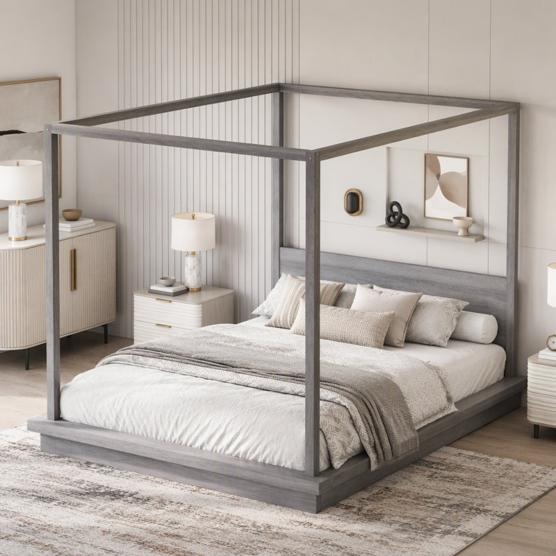 Lit plateforme à baldaquin en bois avec tête de lit, Gris, Très grand lit
