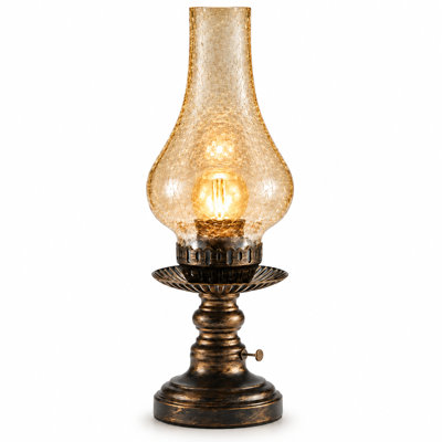 15.7" H Vintage Rechargeable Cordless Table Lamp with Amber Crackle Glass, 5200mAh Battery, 3-Level Touch Dimmer