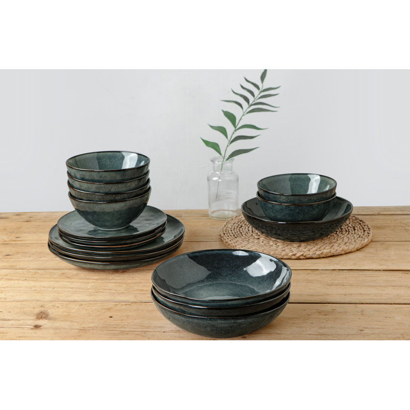 4-Piece Stoneware Pasta Bowl Set- Service For 4, Dark Green