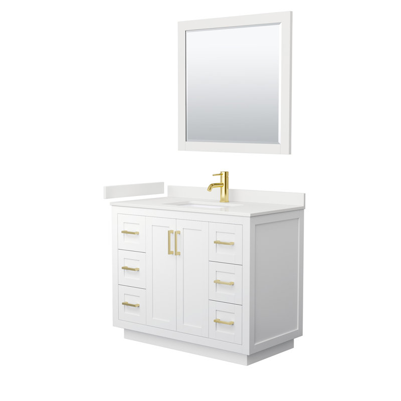 Miranda 42" Freestanding Single Bathroom Vanity with Quartz Top with 34" Mirror, White Quartz, White, Brushed Gold