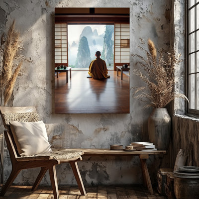 Toile une scène intérieure sereine avec une figure méditative assise en croix, art mural avec pattes sur un plancher en bois poli
