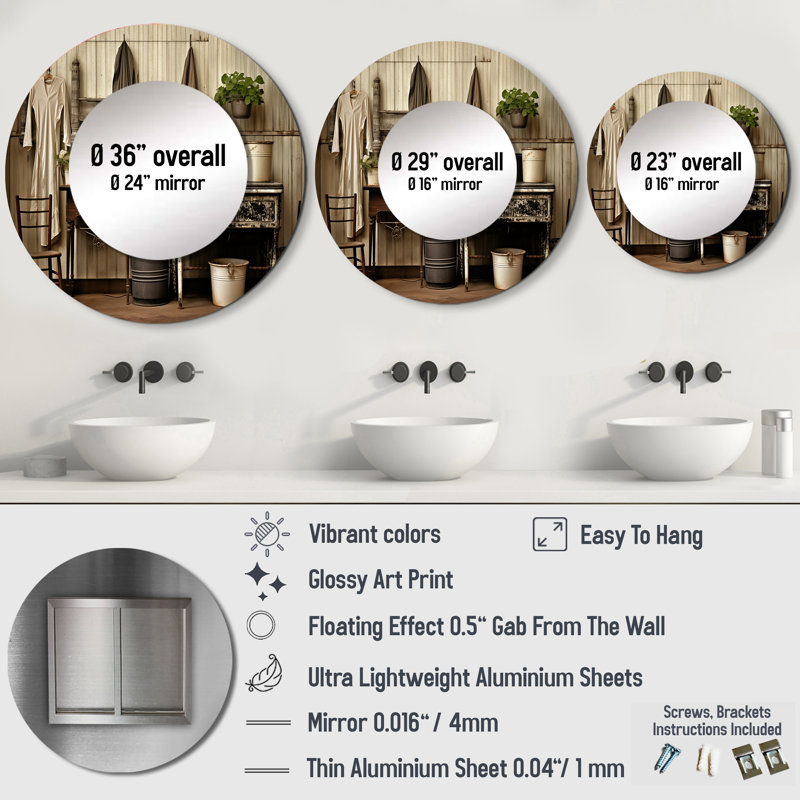 Farmhouse Laundry Charm III - Laundry Mirror, Beige Round Unique Wall Mirror, Printed Metal Art, 36" x 36"